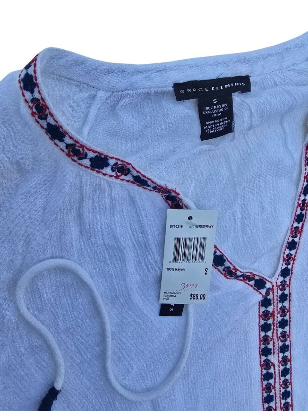 Grace Elements Womens Embroidered Boho Blouse White Small Rayon Lightweight New - Picture 3 of 5